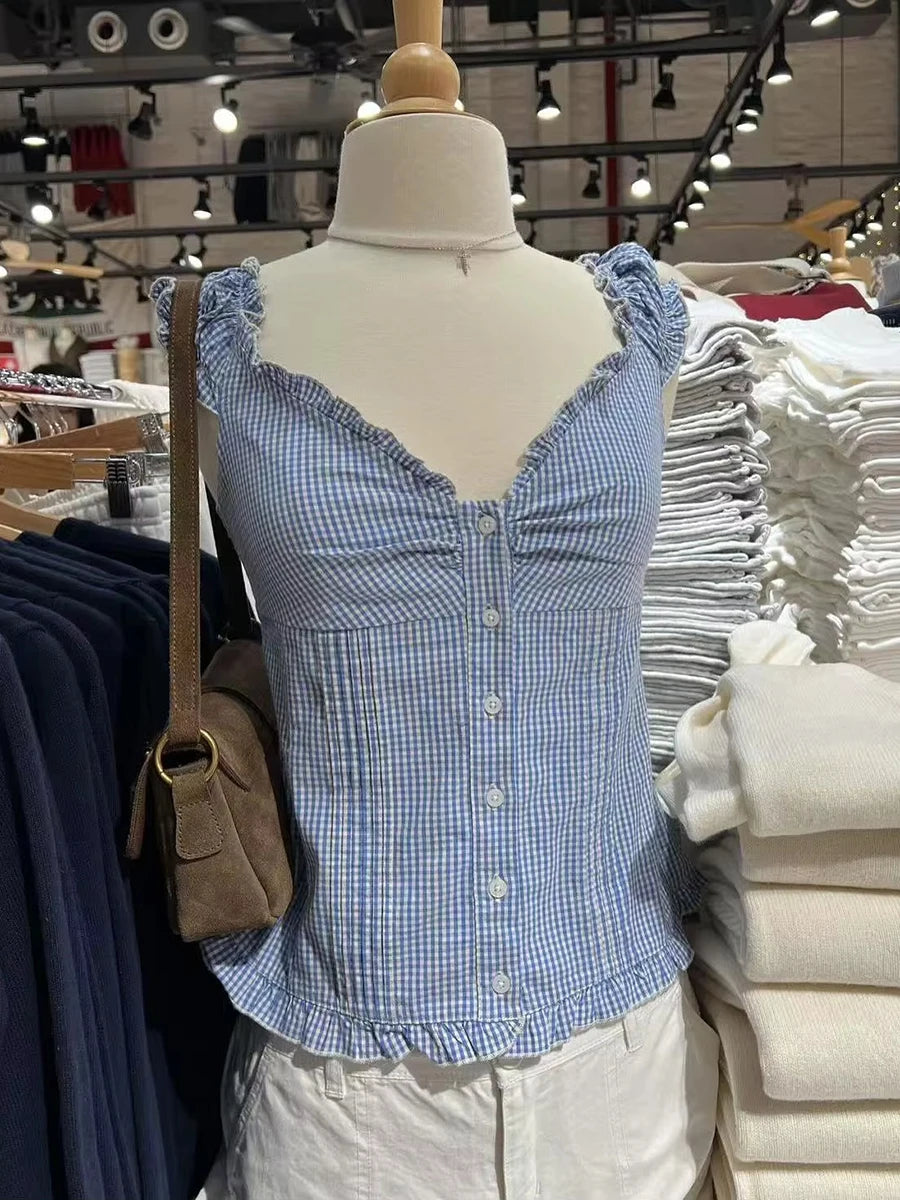 Blue Plaid Fungus T-shirt Women V Neck Single Breasted Puff Sleeve Slim Folds Tee Shirts Summer New Sweet Chic Casual Crop Tops