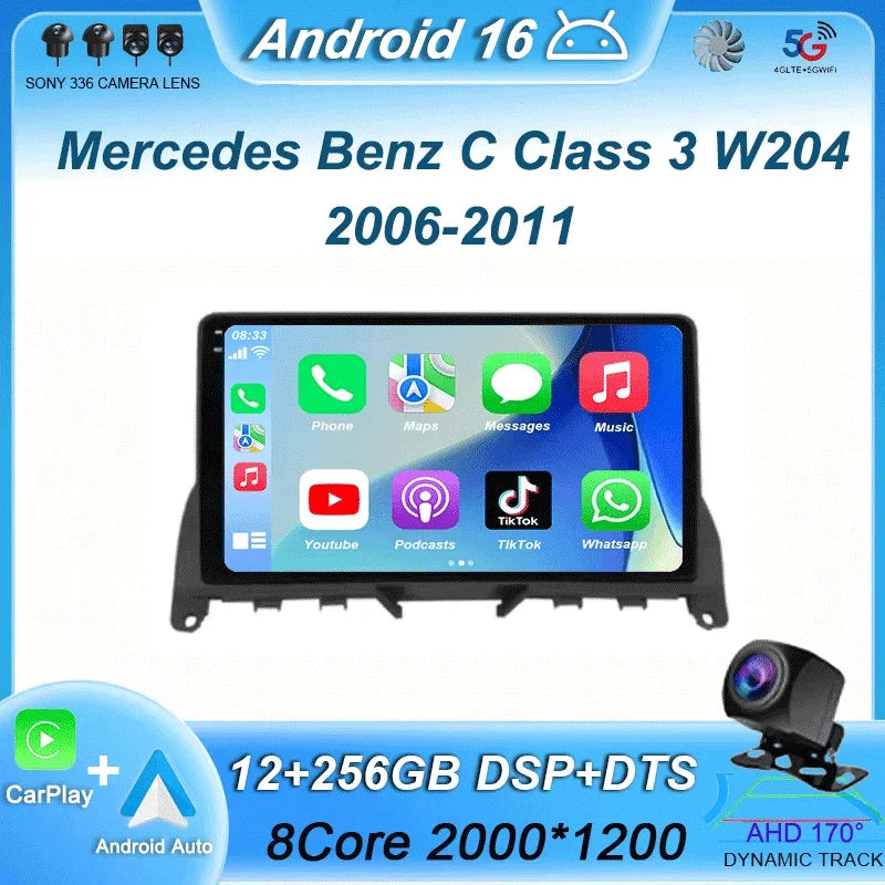 9" Android Car Stereo for Mercedes-Benz C-Class W204 S204 (2006–2011) — CarPlay, QLED, 4G, GPS