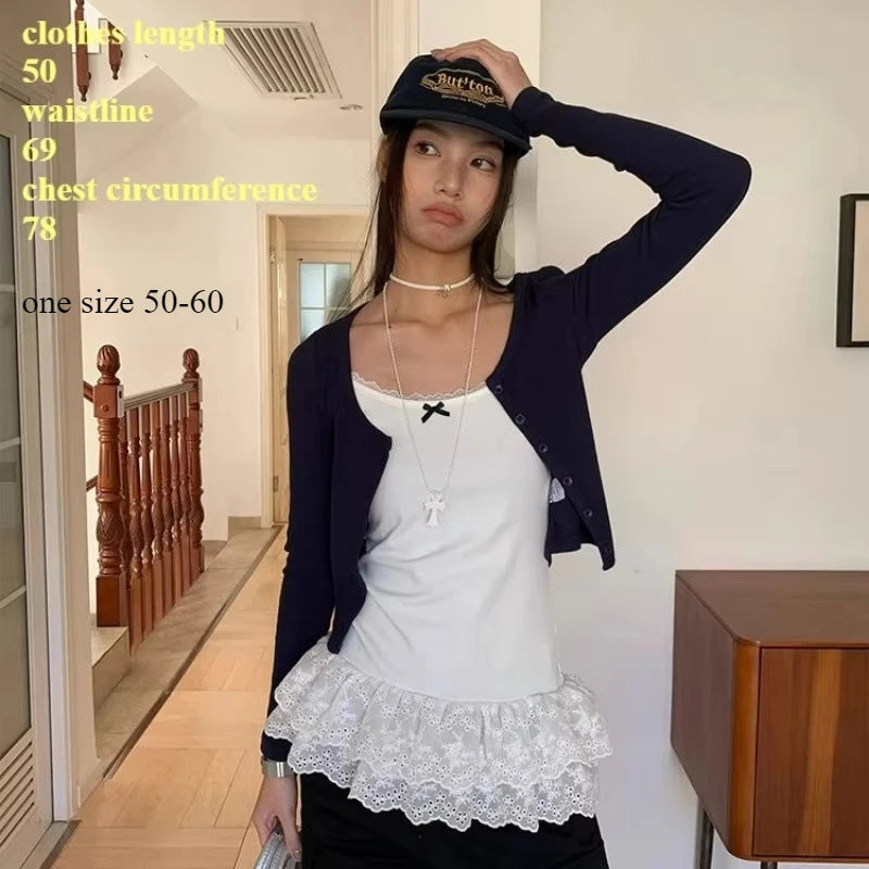 Women Patchwork Lace White Suspender Vest Trim Bottom Hem Layer Skinny Halter Tops Ruffle Edge Skin-friendly Breathable Vest