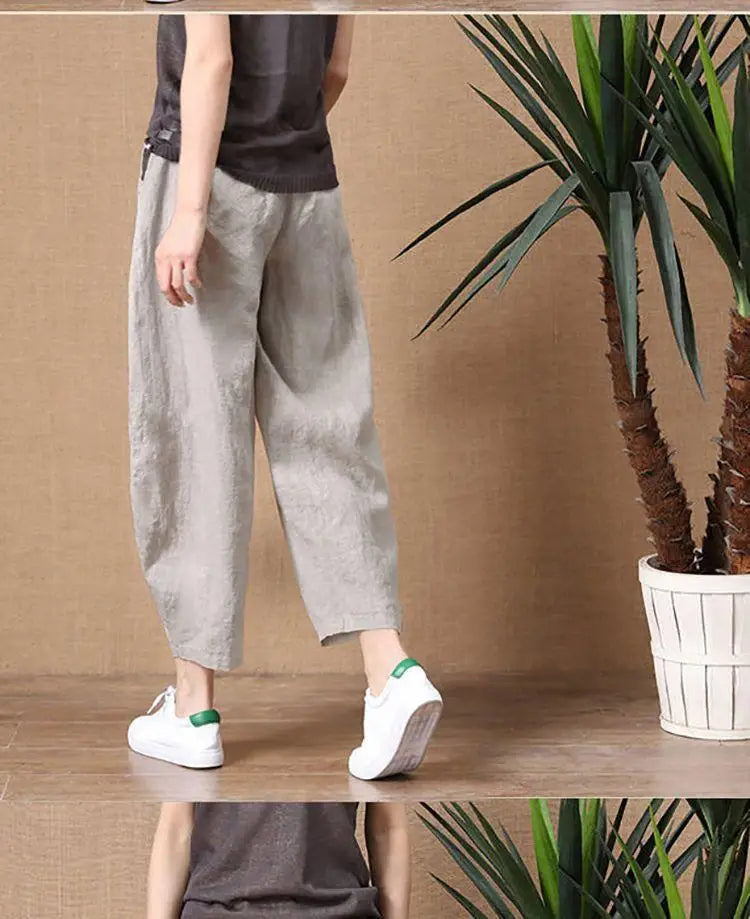 Loose Wide Leg Cotton Linen Pants High Waist Nine Points Women's plus Size Summer New Sle Casual Trousers Versatile Loose Fit