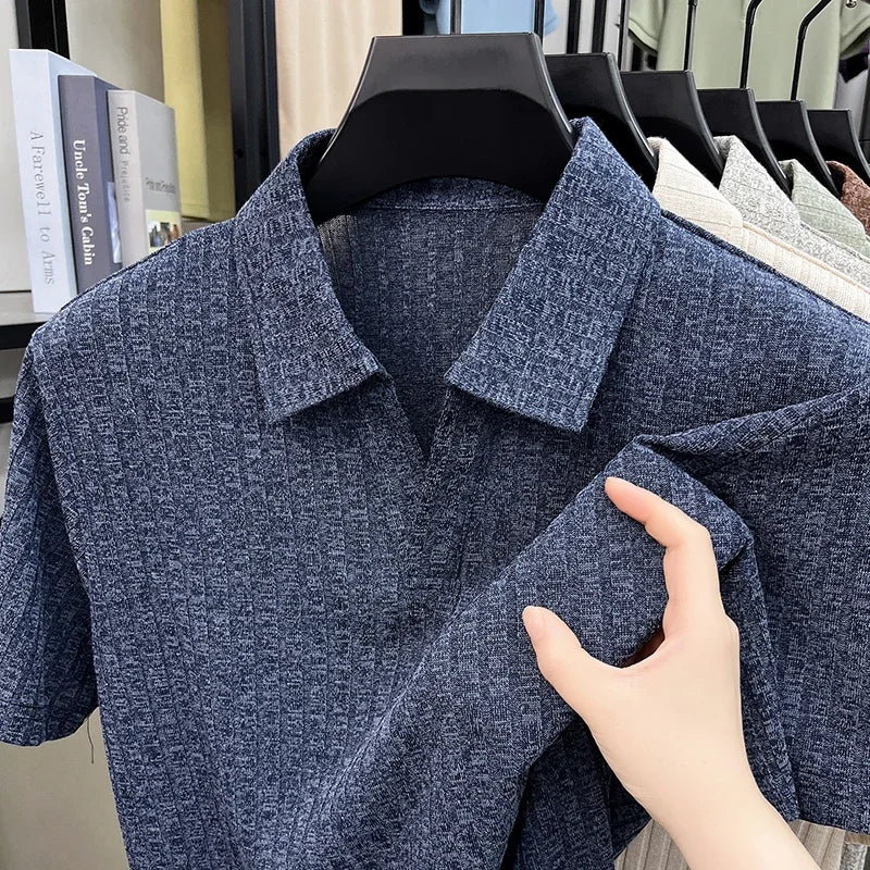 Men's Ribbed Knit Polo - Vertical Stripe, Breathable Business