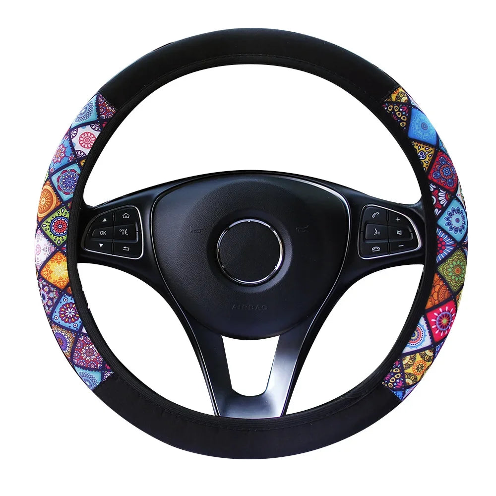 38cm Elastic Car Steering Wheel Cover Ethnic Style Print Anti-slip Car Styling Car Steering-wheel Cover Interior Accessories