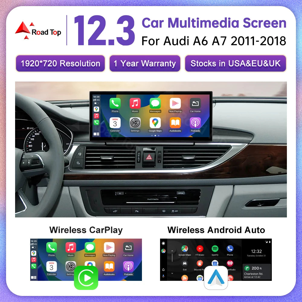 Road Top Multimedia Stereo For Audi A6 C6 C7 A7 2011-2018 Wireless CarPlay GPS Navi Radio Player Bluetooth 12.3" Touch Screen