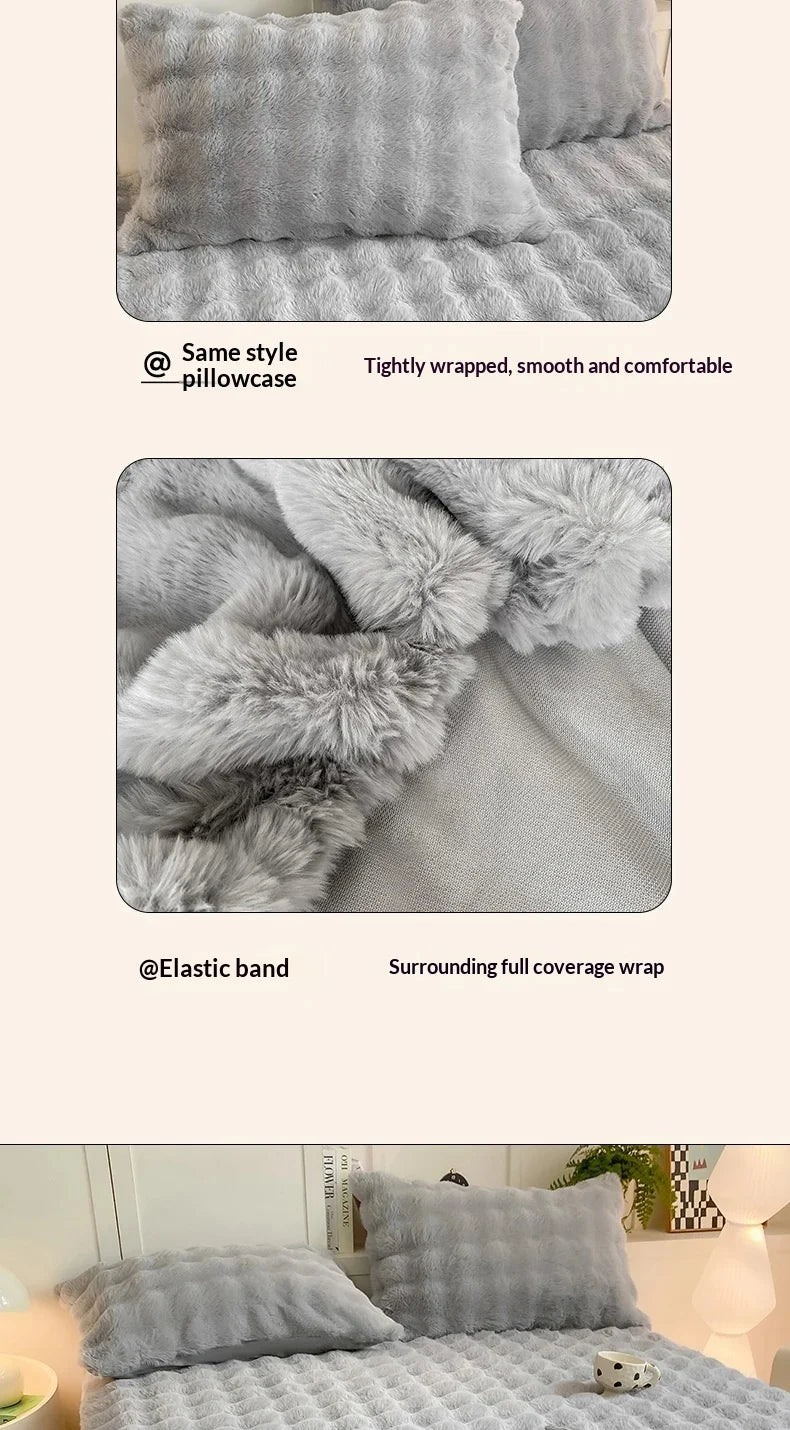 Fluffy Plush Fitted Bed Sheet for Winter Solid Color Rabbit Fleece Bed Sheets on Elastic Winter Warm Thicken Mattress Protector