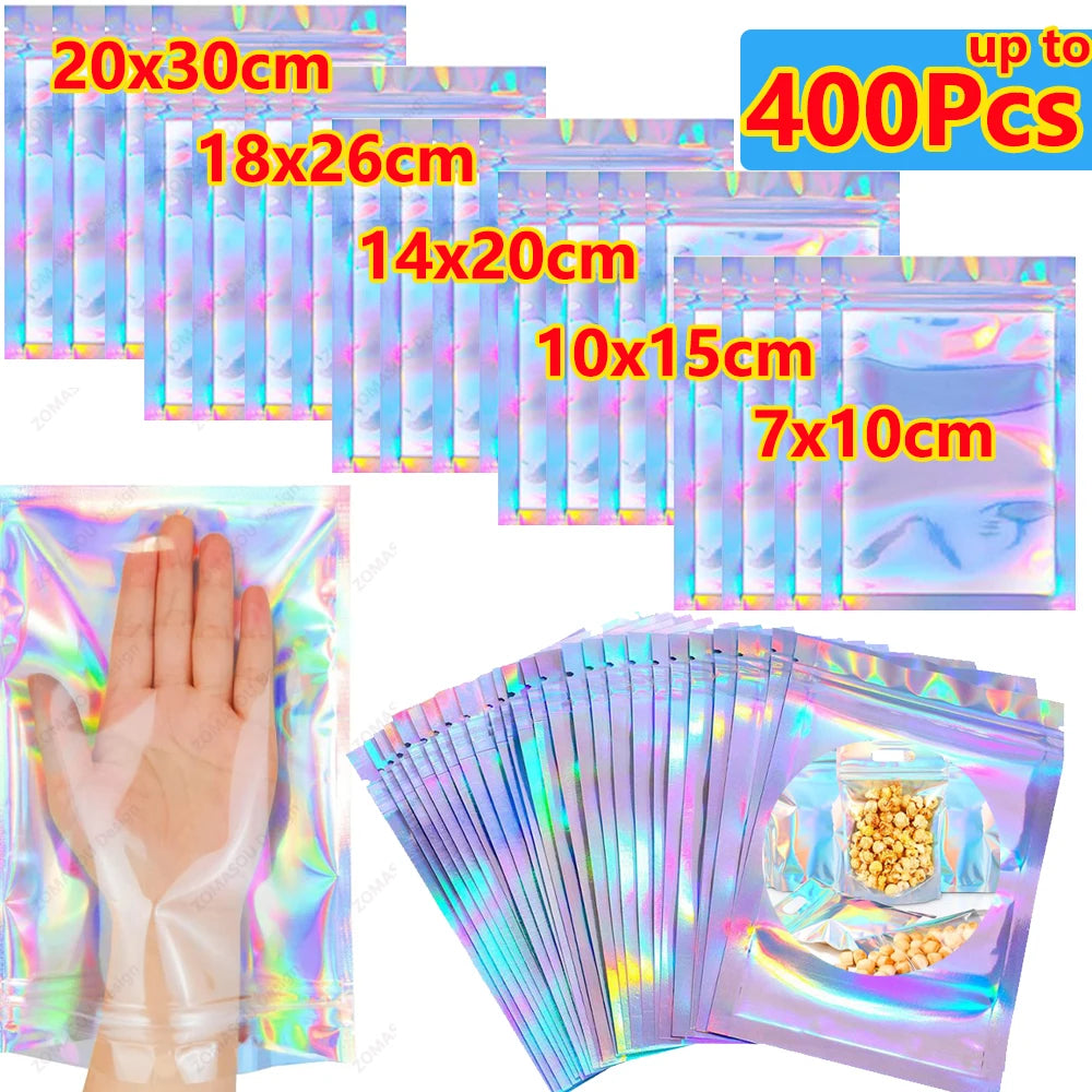 400-1PCS Color Laser Sealing Bags Plastic Holographic Candy Food Pouch Resealable Necklace Jewelry Gift Packaging Storage Bag