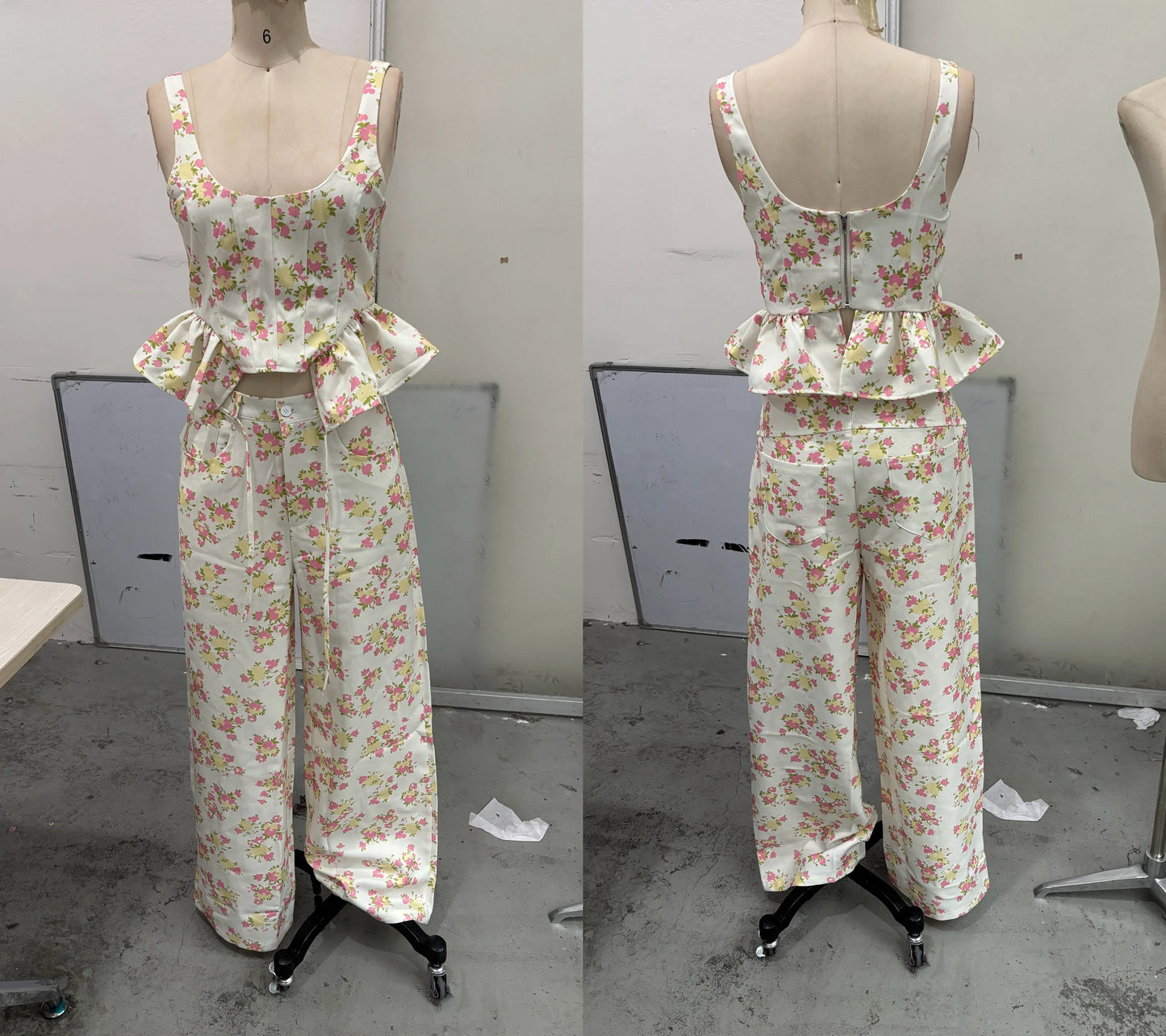 Printed Ruffle-Hem Top & Curved Pants Set — Women's 2-Piece