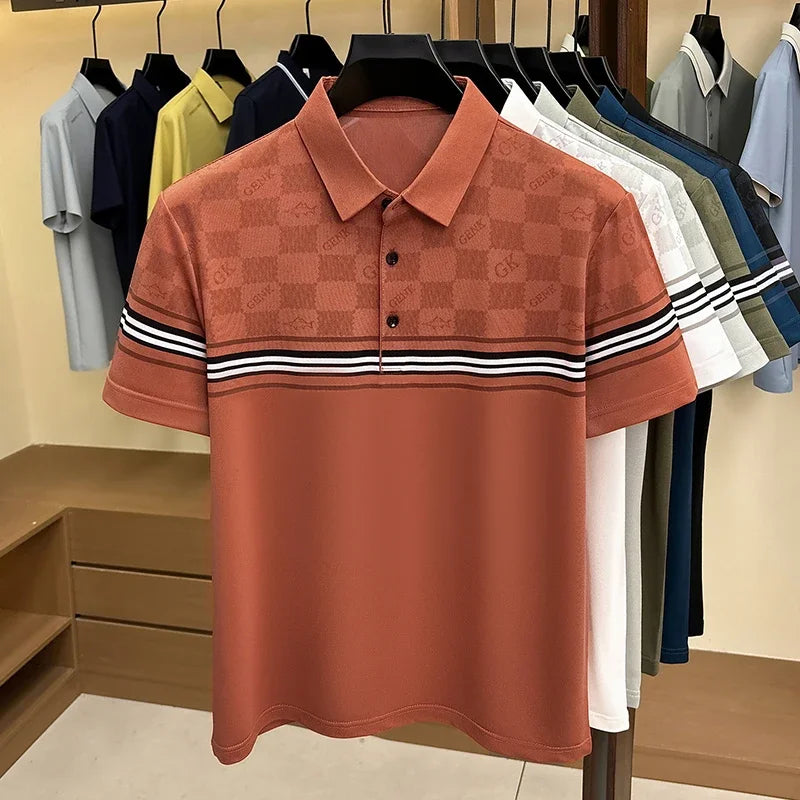 Men's Grid Jacquard Polo - Stripe Sleeve, Wrinkle-Free Office Wear