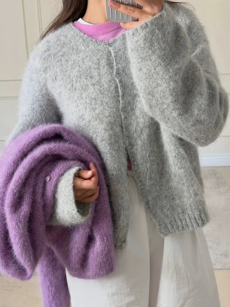 Women Short Cardigan Button Down Red Loose Knitted Outwear For Ladies Autumn O Neck Knit Jackets Purple Wool Cardigans For Women