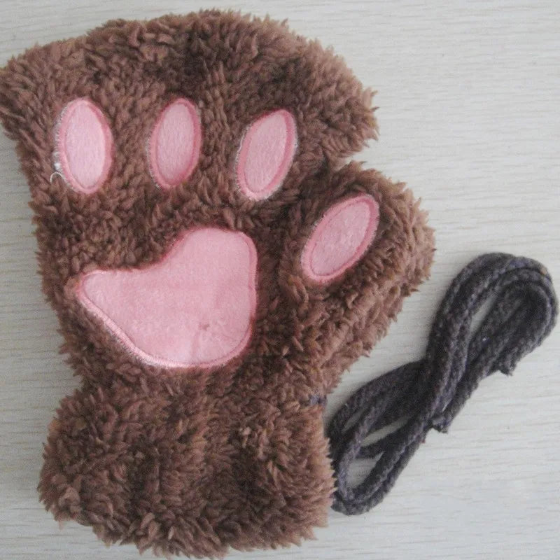 Women's Cat Paw Plush Mittens, Fingerless
