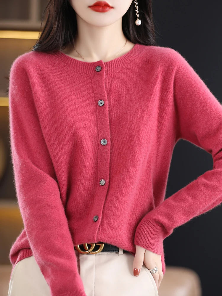 Women Cashmere Sweater 100% Merino Wool Knitted Cardigan Autumn Winter Knitwear O-Neck Female Solid Color Casual Fashion Top