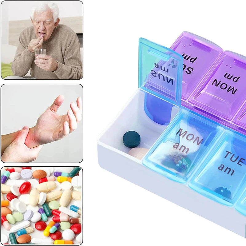 Portable 7-Day Pill Organizer, Compact 6.89x3.35 Inch, Double Row Design with Clear Lids, Ideal for Car, Vacation, Business Trip