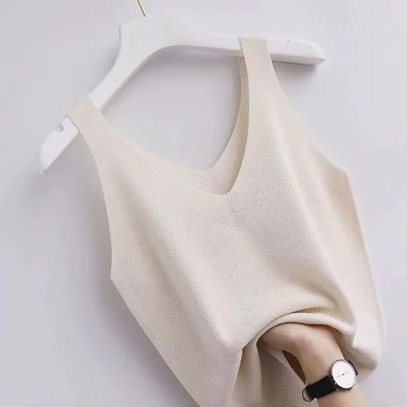 Plus Knit Tank Top V-Neck Ice Silk Sleeveless 2026 Summer Clothing Vests for Women Korean Fashion Loose Elegant Casual Cami Top