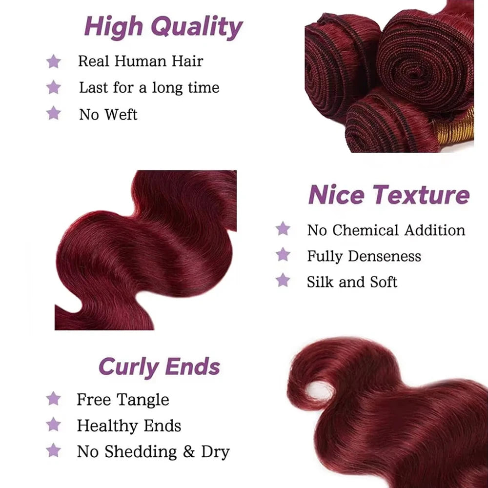 30 Inch Burgundy 99J Body Wave Bundles Colored Wine Human Hair Bundles With Closure Brazilian Remy Virgin Hair Weave Extensions