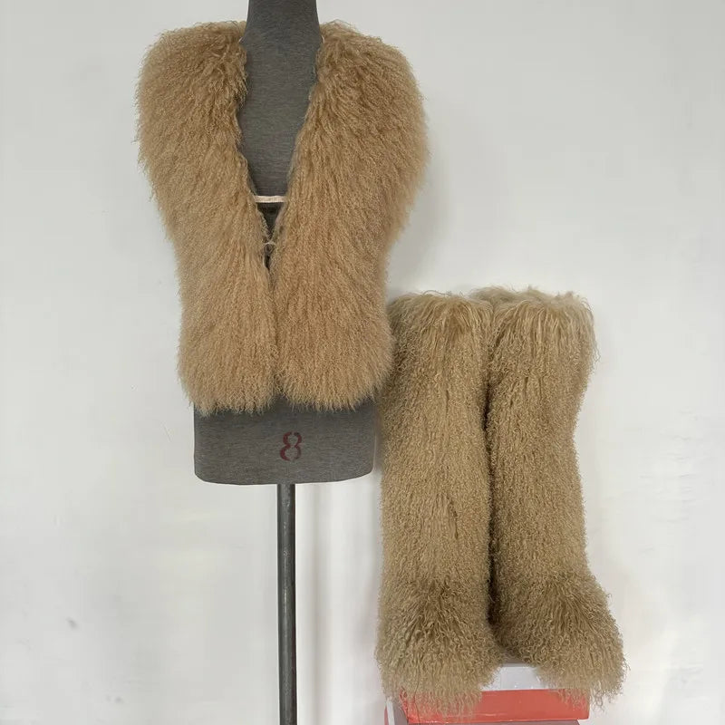 Fluffy Luxury  Real Mongolian Fur Halter Vests Women Solid Deep V-Neck Backless Bandage Sleeveless Jackets Top Outerwear Coat
