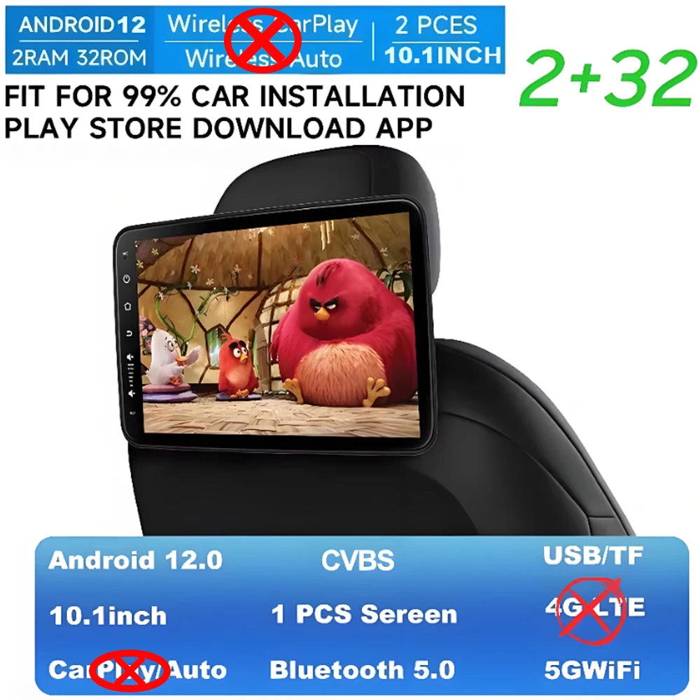 GcPaSr Android Auto CarPlay Car Screens Rear Seat Monitor For Headrest TV Screen WiFi Movie/Netflix/Youtube Online Video Player
