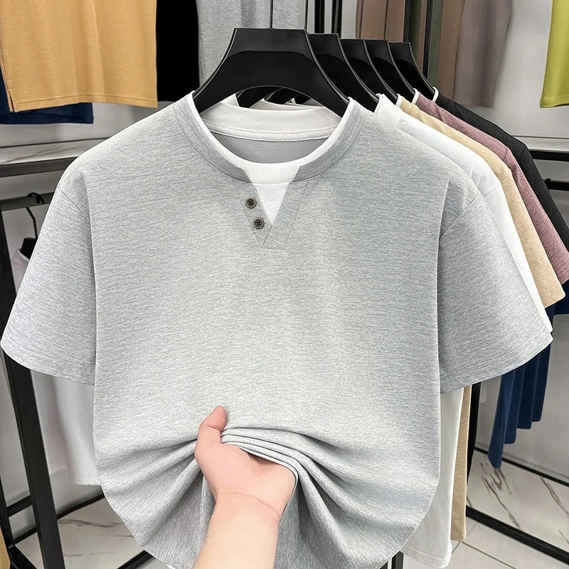Men's Henley T-Shirt - Short Sleeve Button Detail, Layered Look