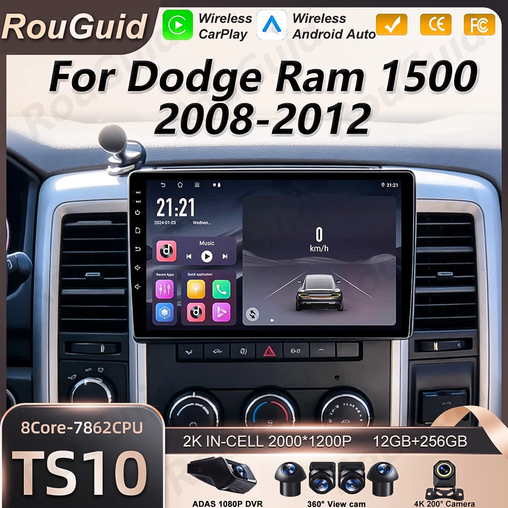 10" Android Car Radio with Wireless CarPlay & GPS — Dodge RAM 1500 (2008-2012)