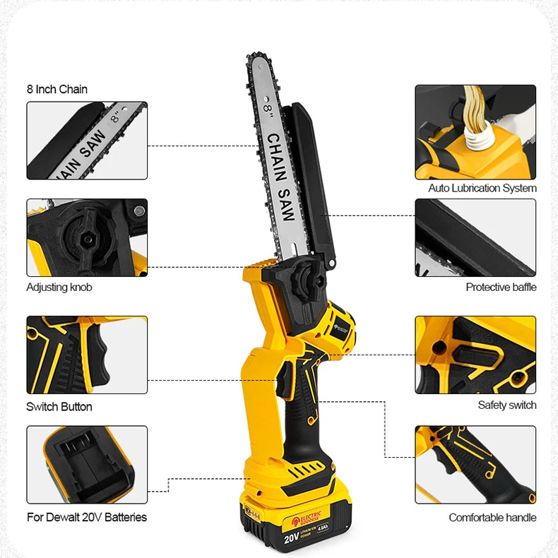 8 Inch 1380W Brushless Yellow Electric Chain Saw Professional Garden Pruning Saw Power Tool For Dewalt 20V Battery Pin