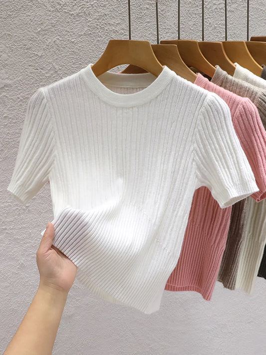 Women's Knit Summer T-Shirt — Korean Basic Solid Top