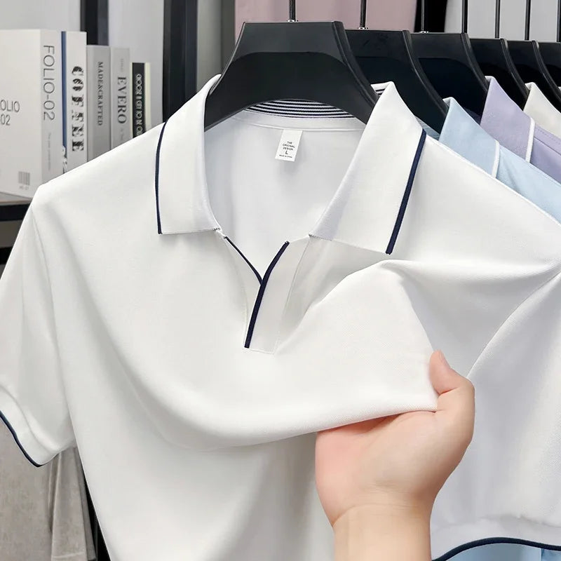 Men's Open-Neck Polo Tee - Silky Cooling Fabric, Breathable Slim