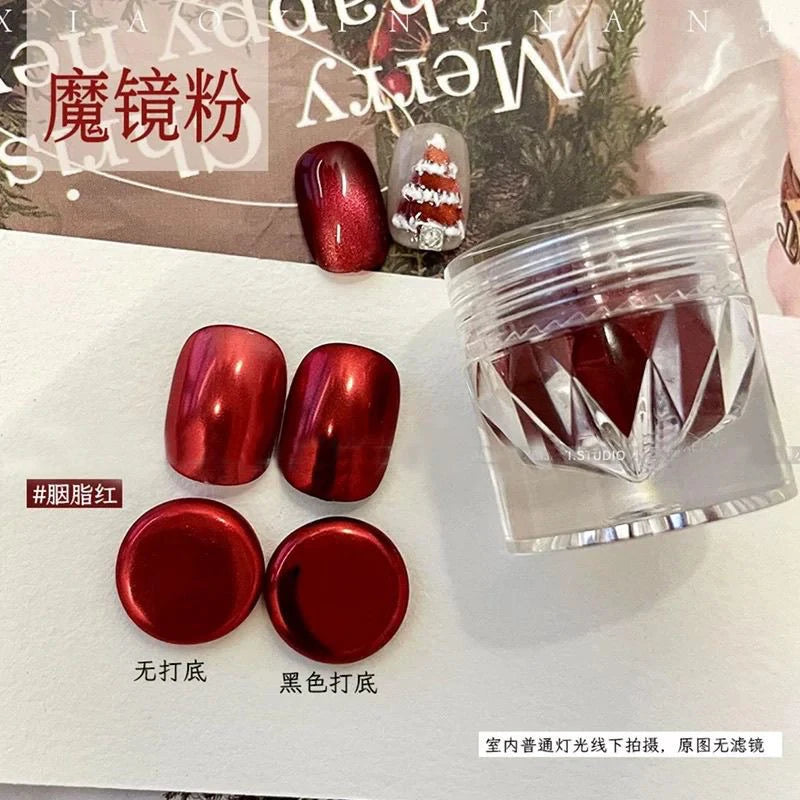 1 Jar Mirror Red Chrome Nail Glitters Powder Metallic Effect Pigment New Year Series Rubbing Dust Valentine Manicure Decor Flash