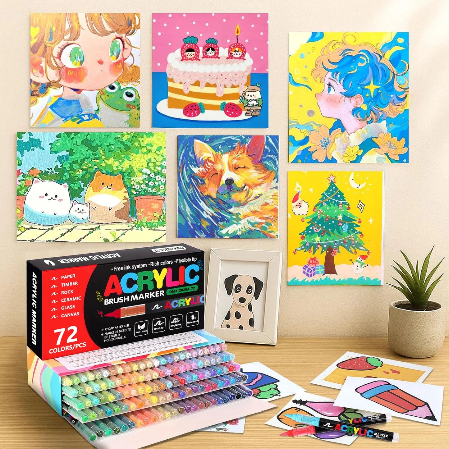 12-366 Colors Acrylic Painting Marker Waterproof Acrylic Brush Marker Professional Acrylic Marker Set DIY Coloring Art Supplies