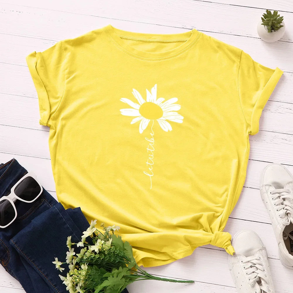 100% Cotton Women T-Shirt 2026 Summer Tshirt Creative Daisies Printed Woman Short Sleeve Tee Tops Female T Shirt