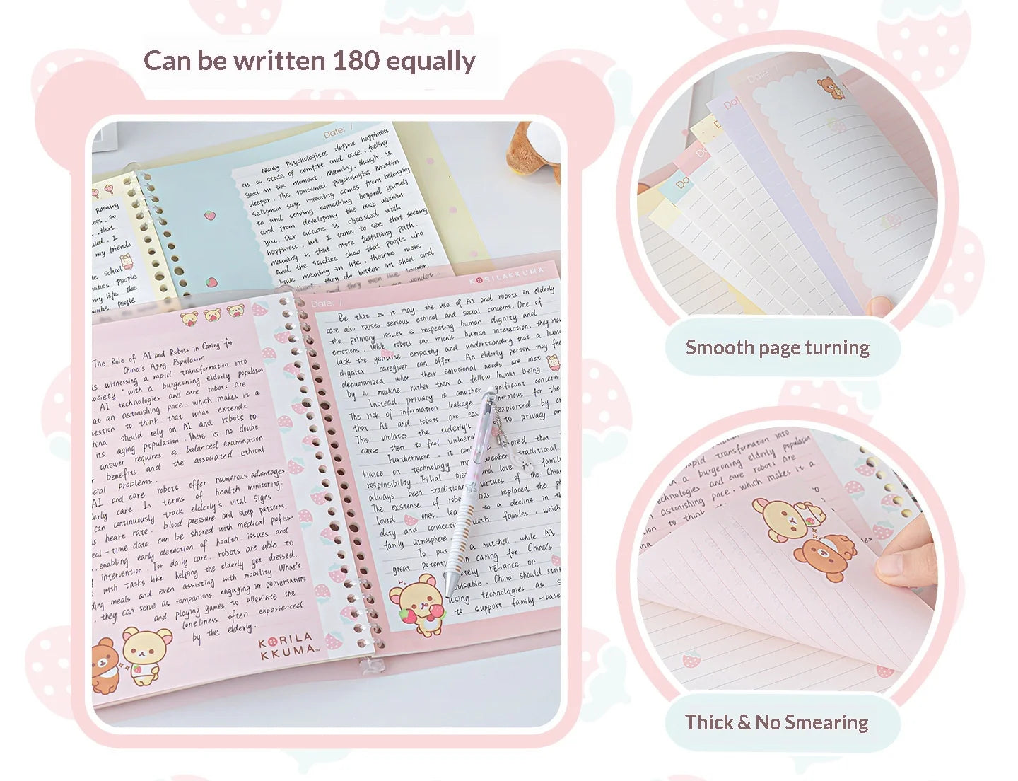Rosyposy Korilakkuma Strawberry B5 Loose Leaf Notebook Soft Cover Cute Journal For Daily Study Writing Note Taking