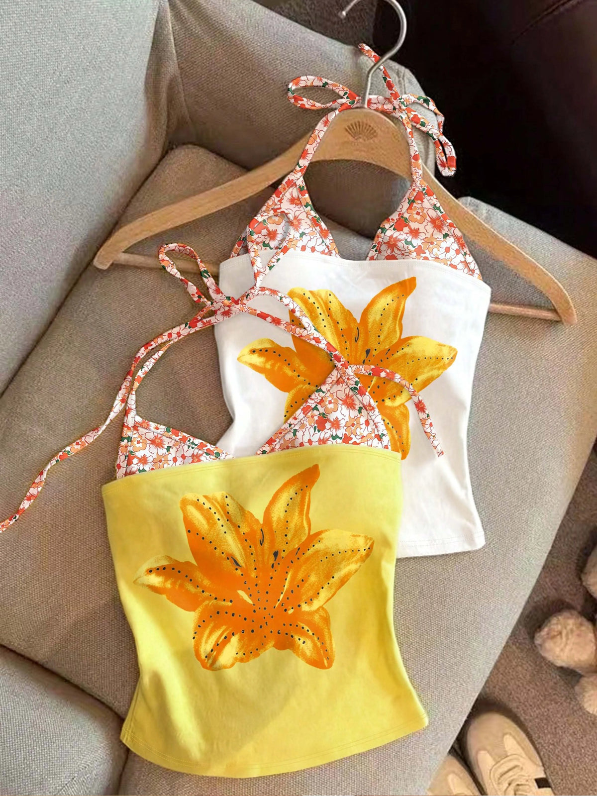 2PCS Orange Floral 2-in-1 Print Camisole, Faux Two-Piece Summer Cool Tank Top, Sexy Y2K Style