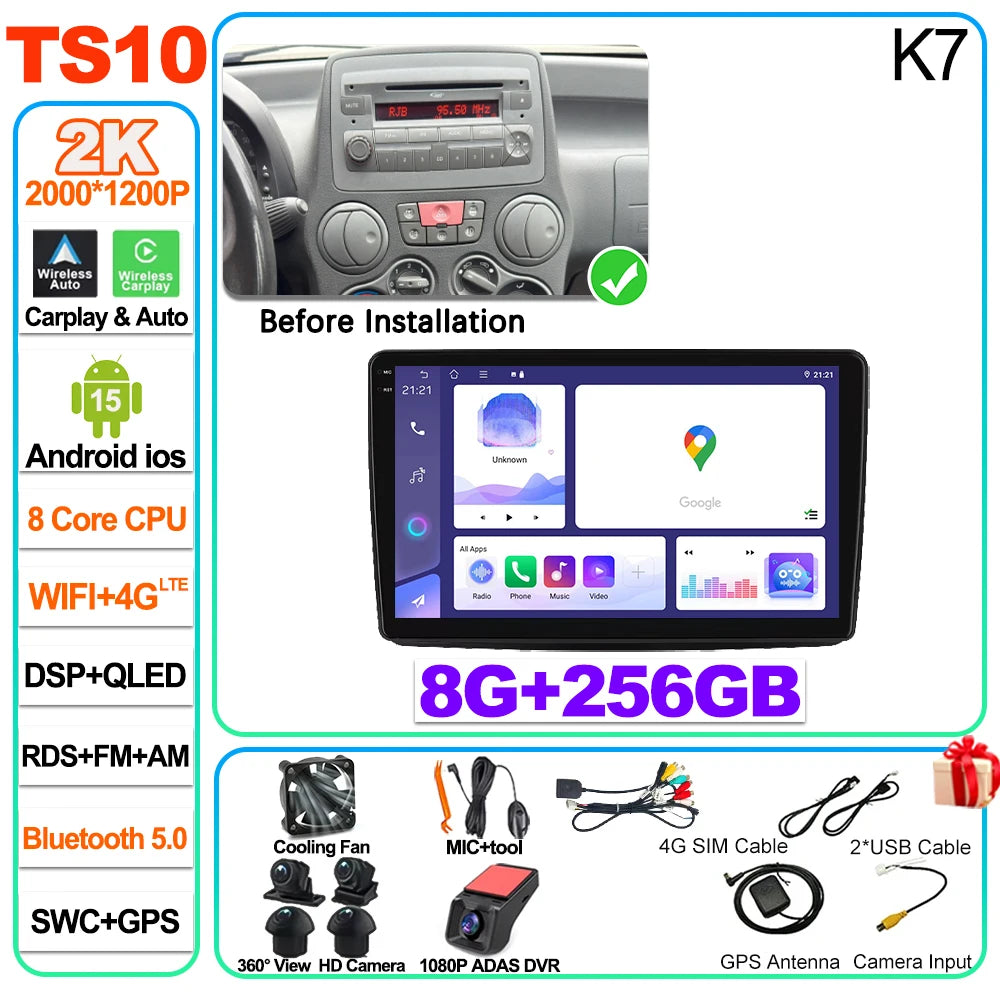 Car Stereo with Apple CarPlay & Android Auto, Compatible with Fiat Panda 169 (2003-2012)