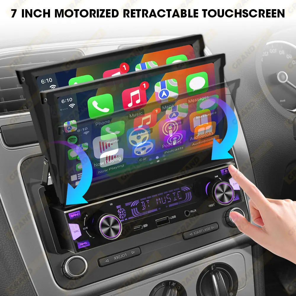 1-DIN 7" Retractable Touchscreen Car Stereo — Wireless CarPlay, Android Auto, GPS, FM/AM RDS
