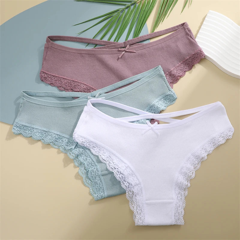 2PCS Cotton Panties for Women Sexy Lace Brazilian Briefs Female Low-Waist Cross Webbing Underpants Stretch Breathable Intimates