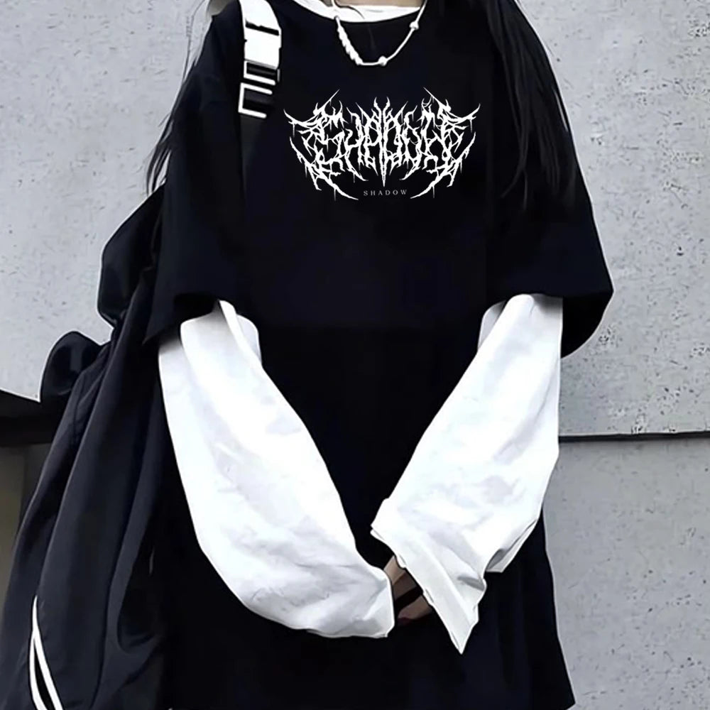 Fashion Punk Dark Style Printed Round Neck T-shirt Y2K Sport Harajuku Thin Women's Top Long Sleeves T Shirt Outdoor Loose Shirt