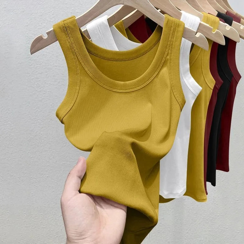 Women's Solid Round Neck RibbedTop Camisole Summer Basic Elastic Spaghetti Strap Top Lightweight Cool Base Shirt Sleeveless Vest