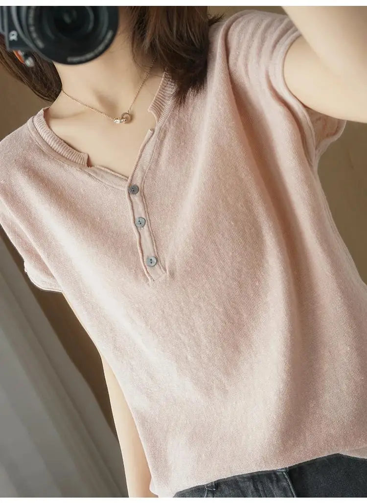 Summer 100% pure cotton women's T-shirt V-neck knitted short sleeved loose Tees solid color pullover button Tops basic versatile