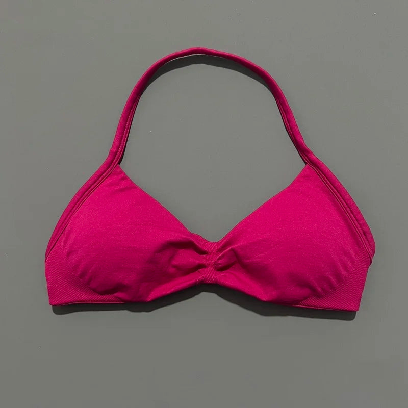 HISTELLO Df Solid Color Impact Strappy Bra Women Seamless Yoga Underwear Fitness Workout Halter Top Running Gym Sports Bra