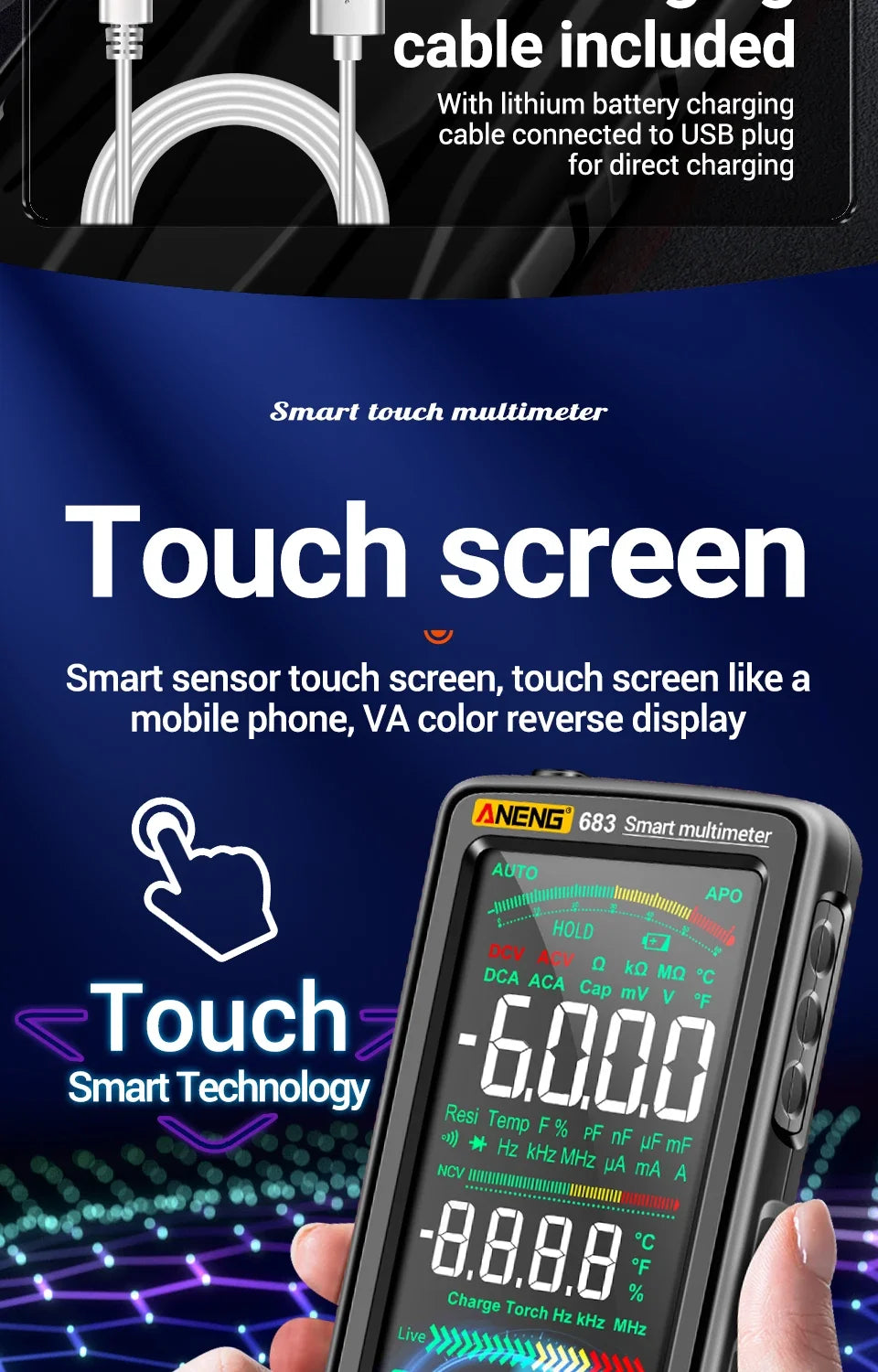 ANENG 683 Smart Multimeter Tester High-end Touch Rechargeable 6000 Counts Multimetro Test Multitester AC/DC Voltage Current Tool
