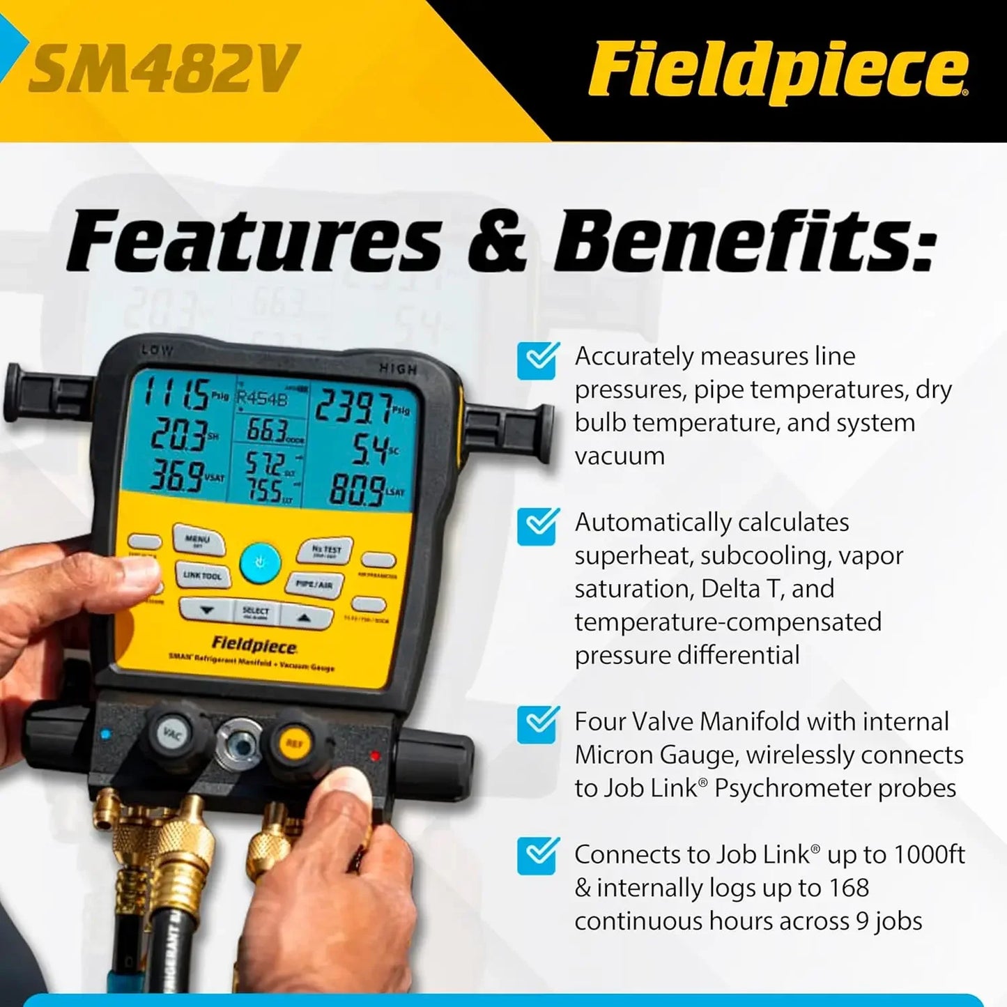 4-Port SMAN Refrigerant Manifold with Vacuum Gauge – Air Conditioning/Refrigerant Digital Gauges for HVAC & Refrigeration
