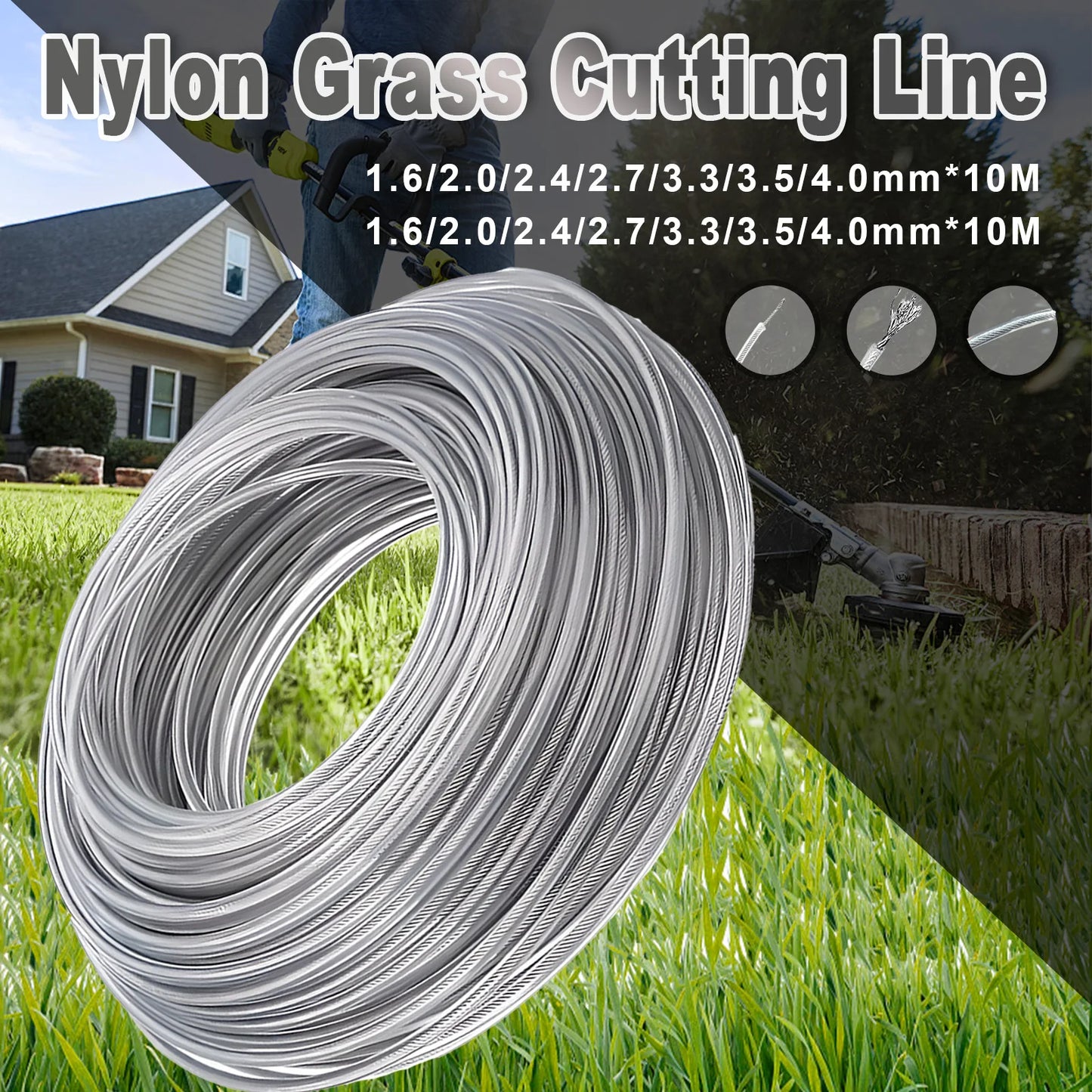 2.4/2.7/3.0/4.0mm*15m Steel Wire Nylon Grass Trimmer Line Brushcutter Trimmer Rope Lawn Mower Cord Durable Steel Trimmer Line