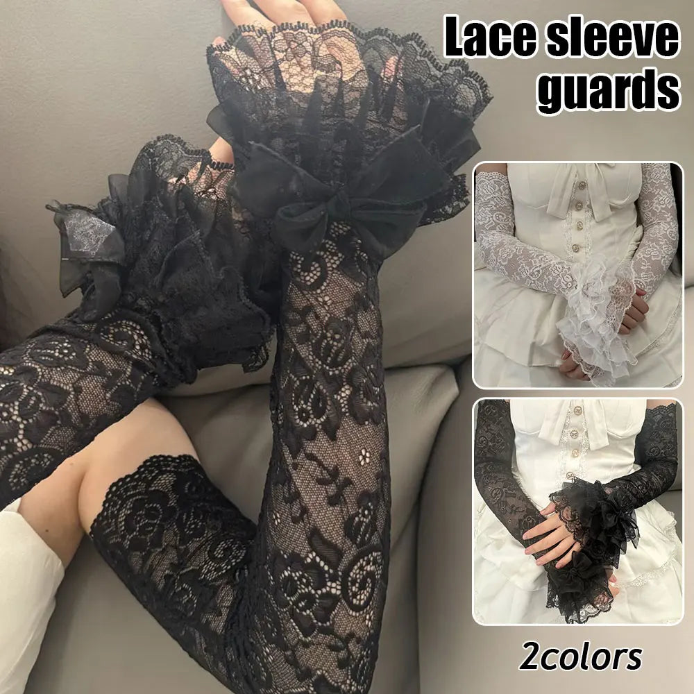 1 Pair Women Lolita Jk Lace Fingerless Gloves Black Gothic Fake Sleeves Trendy Elastic Long Lace Arm Sleeves Clothes Decoration