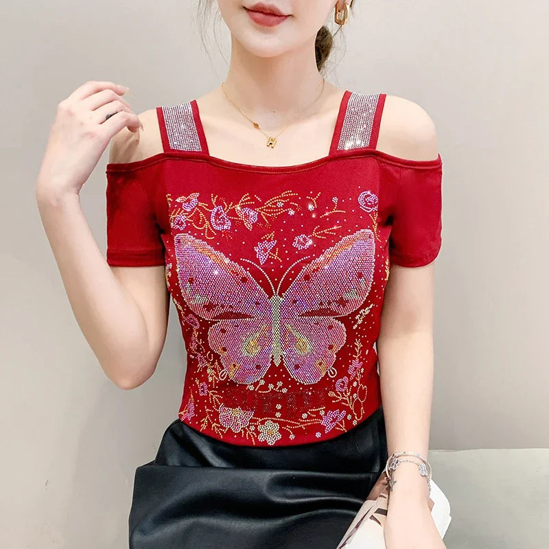 Women's Off-Shoulder Rhinestone Mesh Top