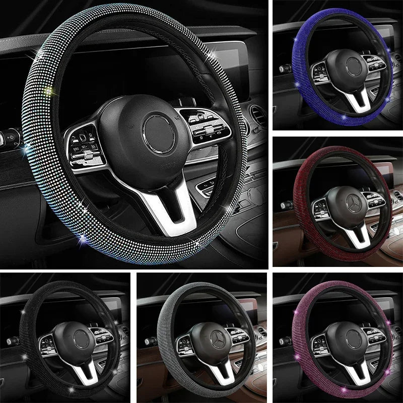 Fashion Crystal Car Steering Wheel Cover 38cm Breathable Anti Slip PU Rhinestone Car Decoration Diamond Car Accessories