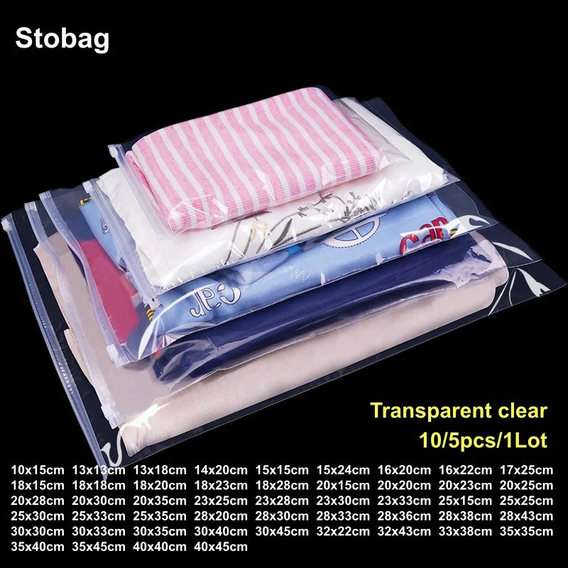 StoBag 5/10PCS Transparent Clothes Zipper Bags – Clear Reusable Sealed Shirt & Garment Storage Pouches