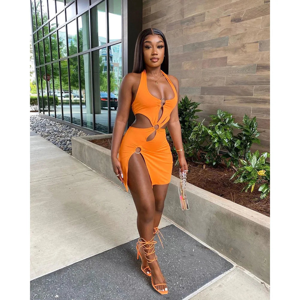 Summer Dresses Woman 2026 High Street Stretch Slim Hollow Sexy Mini Bodycon Dress Elegant Orange Sleeveless Club Party Sundress