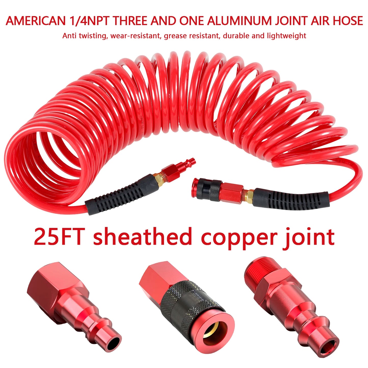 25FT Air Compressor Hoses with Coupler and I/M Plug Sturdy Flexible PU Recoil Air Hose Reliable Anti Kink Tool Accessory 300 PSI