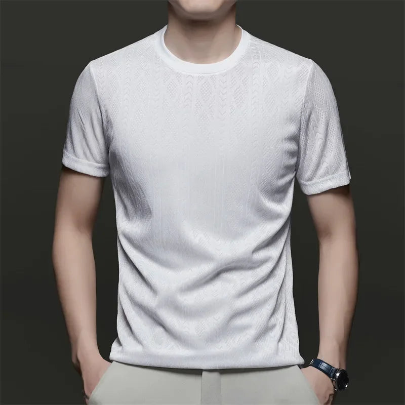 Men's Ice-Silk Jacquard Tee - Crew Neck, Cool-Touch Hollow Mesh