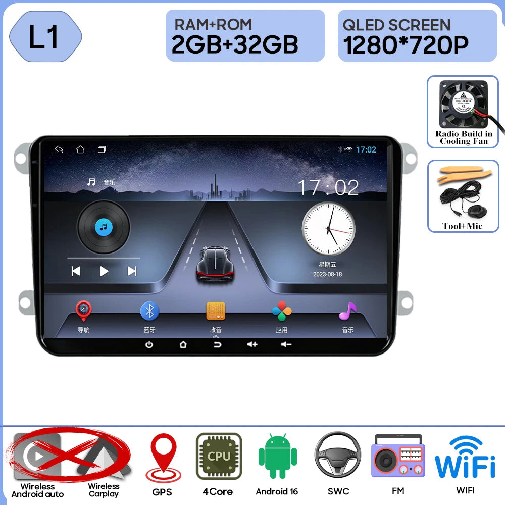 9" Android Car Stereo for VW T5, Jetta, Passat B6, Golf MK6, Tiguan, Touran, Scirocco & Skoda Rapid, Octavia, Seat Leon — CarPlay, GPS