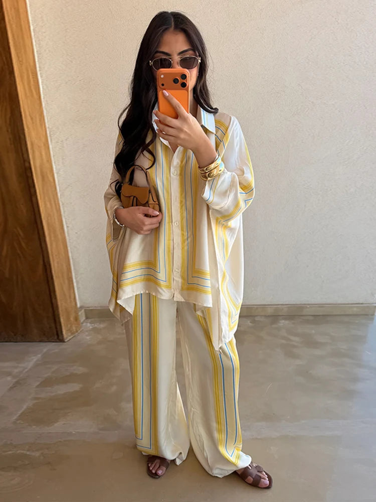 Striped Shirt & Wide-Leg Trousers Set — Women's 2-Piece