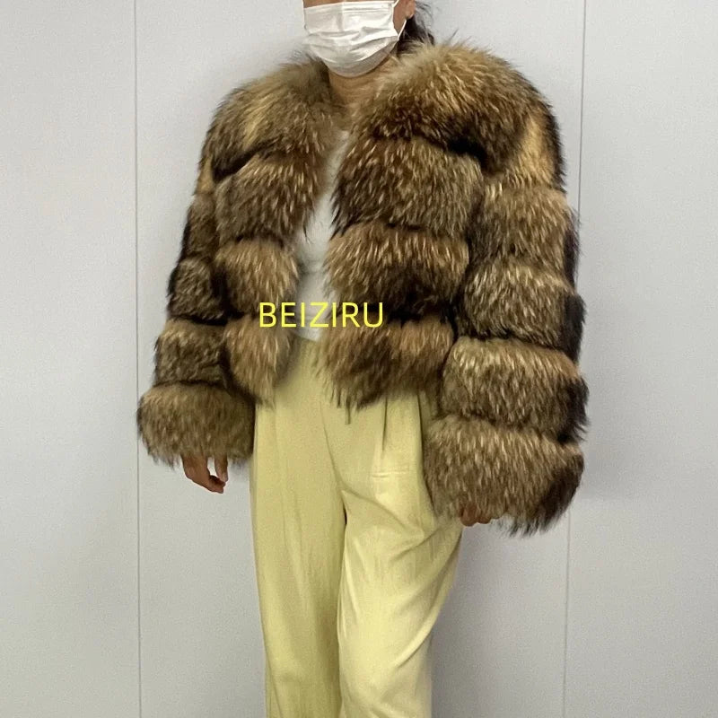 Women's Hooded Raccoon Fur Coat, Turn-Down Collar