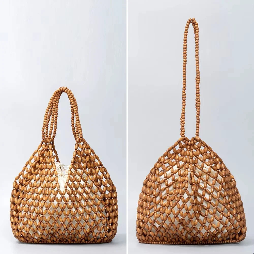 Women's Handmade Wooden Beaded Handbag - Hollow Woven Shoulder Bag - photo 4